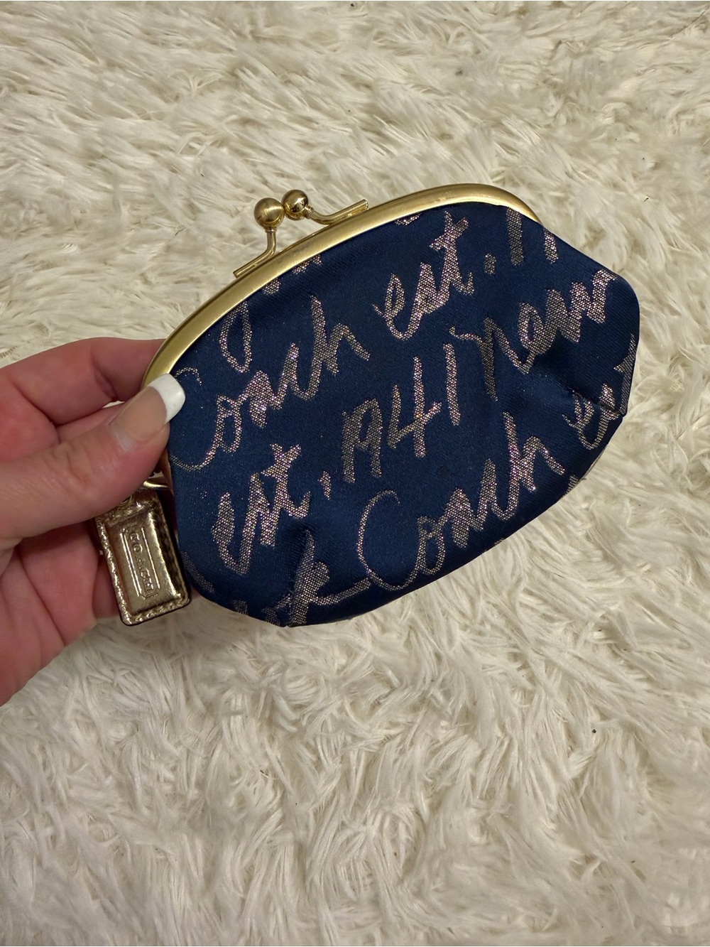Coach Navy Coin Purse with Rose Gold Script & Gold Frame